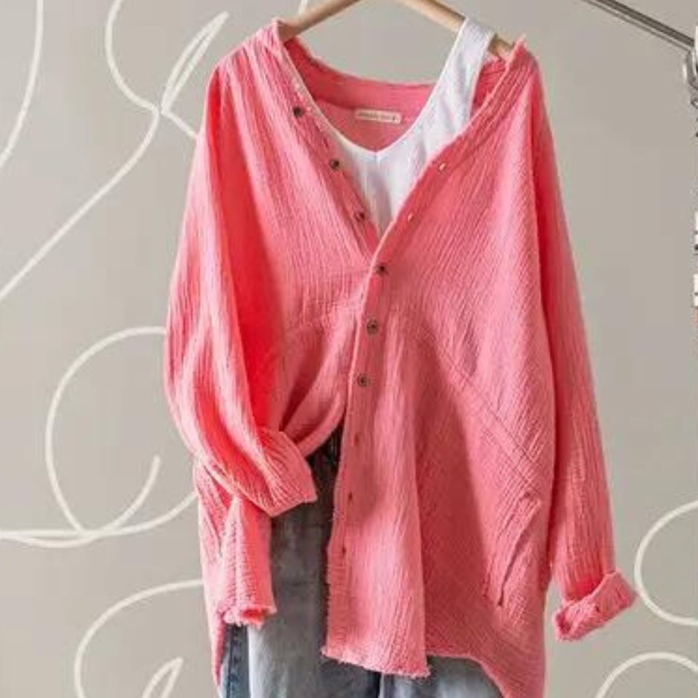 Premium Soft Frayed Hem Gauze Vintage Washed Shirt (Pink Lemonade)